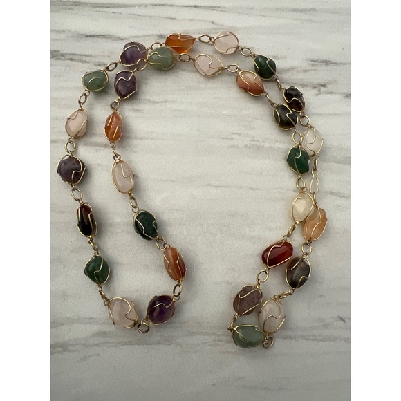 Gold Tone Wire  Wrapped Stone Necklace - Picture 2 of 5